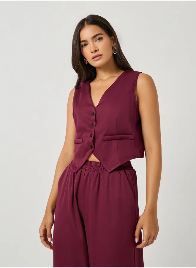 Take Two Take Two Solid V Neck Sleeveless Vest and Straight Leg Pants Co-Ords
