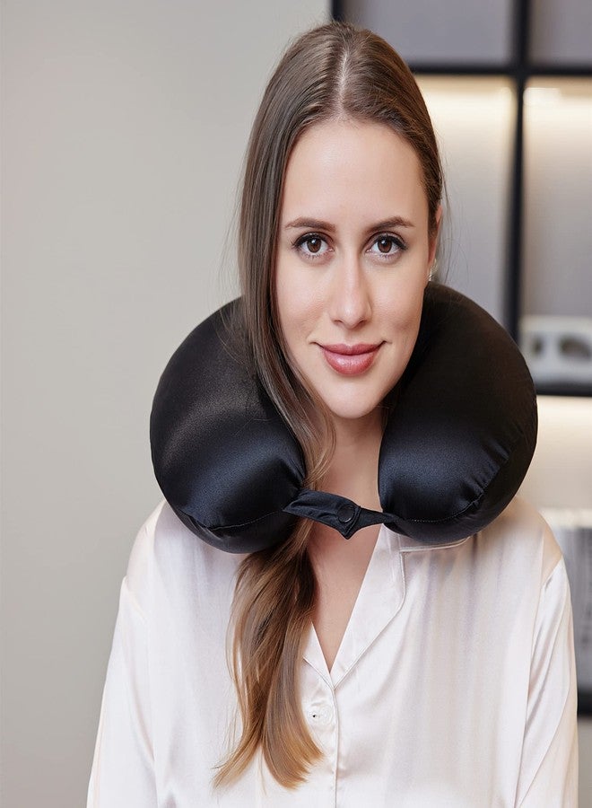 ROSEWARD 100% Mulberry Silk Travel Neck Pillow for Sleeping 22 Momme Silk Airplane Travel Pillow for Pain Relief Sleeping, Plane Neck Support Pillow, Anti Wrinkle, Made in USA (Black) - Image 2