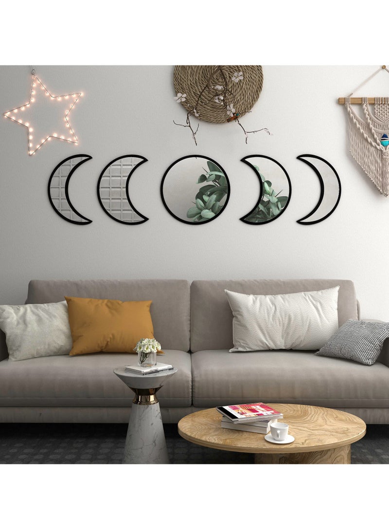 KASTWAVE Moon Round Shape Mirror Set, 5 Piece Plastic Boho Mirrors Wall Decor, Glass Moon Phase Mirror, Northern Europe Style Decoration for Home Bedroom, Living Room - Image 1