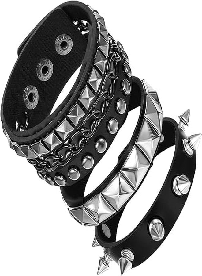 طقم أساور بانك رجالي من BdelrinQue مكون من 3 قطع، مجوهرات قوطية، سوار معصم من الجلد الأسود، إكسسوارات بنمط بانك للحفلات الموسيقية والتجمعات مع الأصدقاء - Image 1