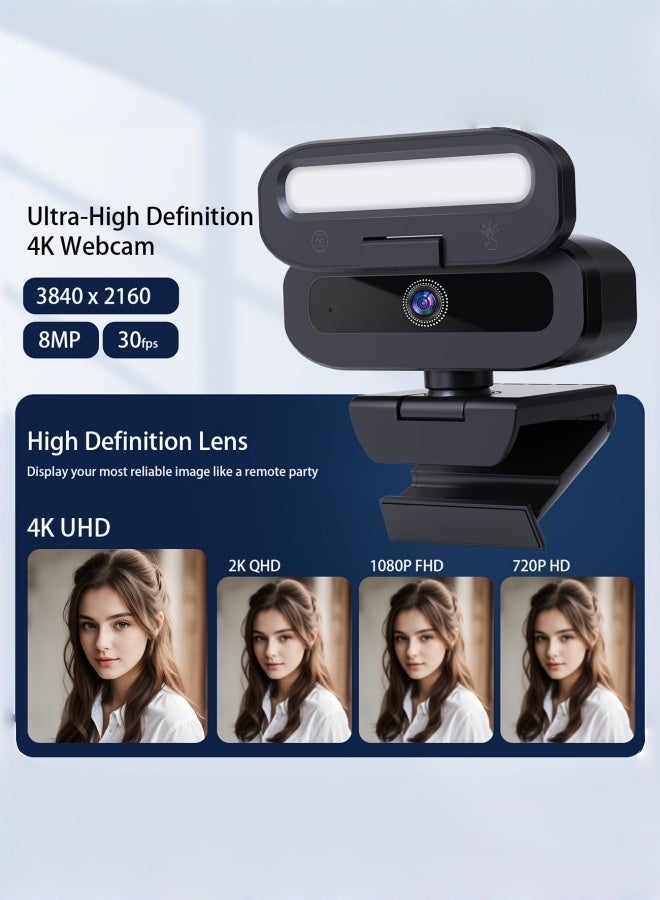 ZetRA 4K Ultra HD USB Webcam, 8 Million Pixel Sensor, 30 Fps Smooth Video, 90° Wide-Angle Lens, 3-Color Touch LED Fill Light, Auto Focus, Privacy Shutter, 360° Rotatable Base And Retractable Tripod Stand, Plug And Play, Suitable for PC And Laptops - Image 5