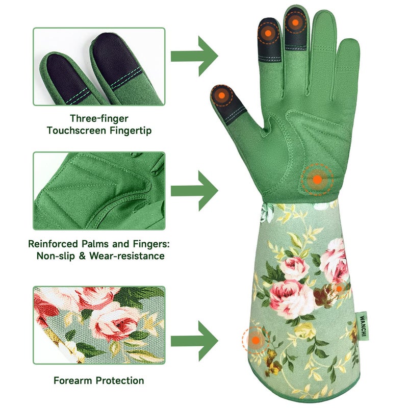 WANCHI Gardening Gloves, Durable and Comfortable Women's Long Garden Gloves for Gardening Work and Yard Work, Leather Gardening Gloves for Women, Green Print (Medium) - Image 3