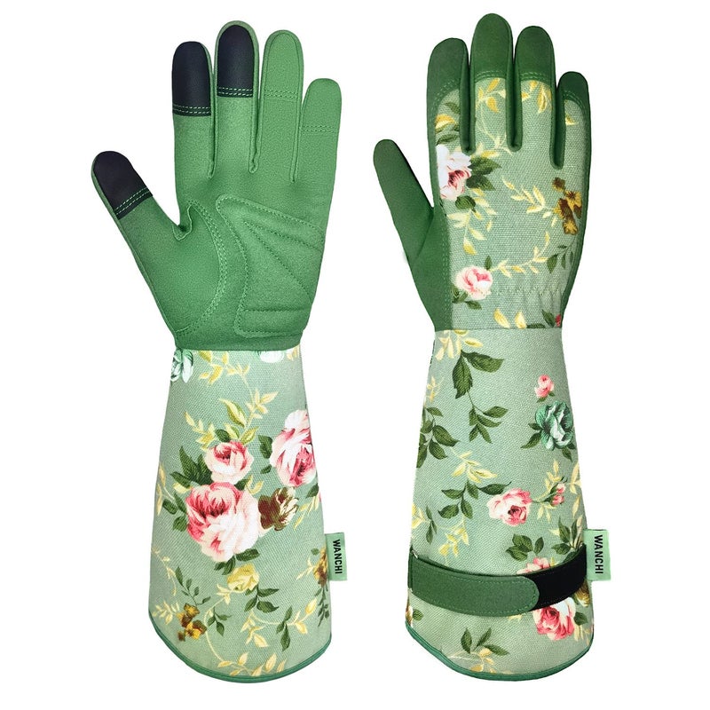WANCHI Gardening Gloves, Durable and Comfortable Women's Long Garden Gloves for Gardening Work and Yard Work, Leather Gardening Gloves for Women, Green Print (Medium) - Image 1