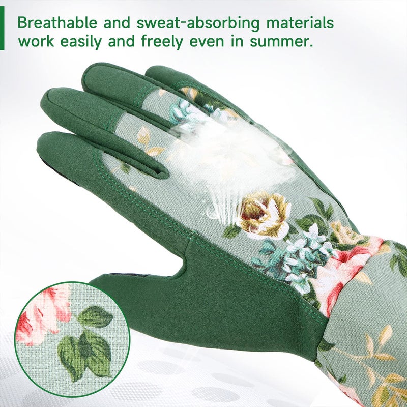 WANCHI Gardening Gloves, Durable and Comfortable Women's Long Garden Gloves for Gardening Work and Yard Work, Leather Gardening Gloves for Women, Green Print (Medium) - Image 5