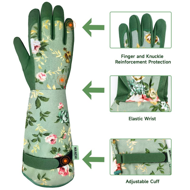 WANCHI Gardening Gloves, Durable and Comfortable Women's Long Garden Gloves for Gardening Work and Yard Work, Leather Gardening Gloves for Women, Green Print (Medium) - Image 4