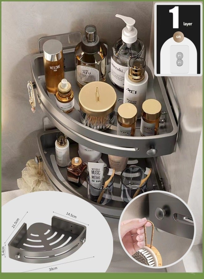 Bathroom Triangle Shelf,Corner Shower Caddy,Shower Organization Corner,Self Adhesive Shower Organizer,With 2 Hooks,Large Capacity Rustproof Bath For Bathroom Storage Home Set,No Drilling,Space-Saving,Grey  - Image 1
