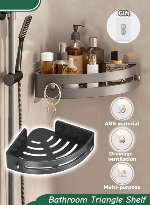 Bathroom Triangle Shelf,Corner Shower Caddy,Shower Organization Corner,Self Adhesive Shower Organizer,With 2 Hooks,Large Capacity Rustproof Bath For Bathroom Storage Home Set,No Drilling,Space-Saving,Grey