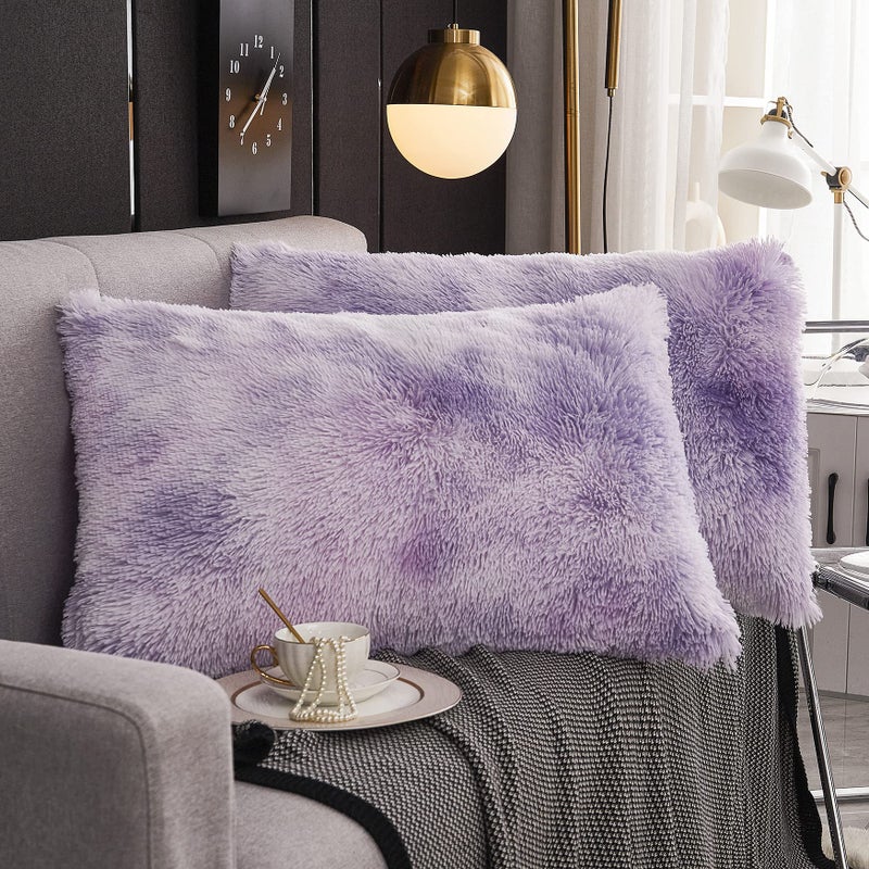 WERDIM WERDIM Shaggy Fluffy Faux Fur Pillowcases 2 Pack Button Closure Velvet Pillow Shams Standard/Queen Size (Tie Dye Lilac  20 X 26 Inches)  - Image 1