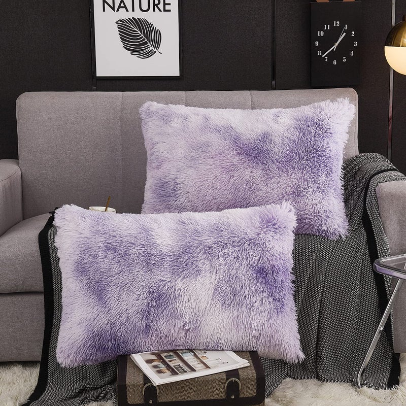 WERDIM WERDIM Shaggy Fluffy Faux Fur Pillowcases 2 Pack Button Closure Velvet Pillow Shams Standard/Queen Size (Tie Dye Lilac  20 X 26 Inches)  - Image 2