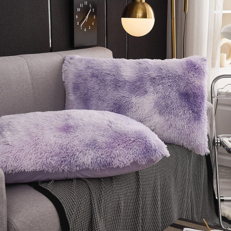 WERDIM WERDIM Shaggy Fluffy Faux Fur Pillowcases 2 Pack Button Closure Velvet Pillow Shams Standard/Queen Size (Tie Dye Lilac  20 X 26 Inches)  - Image 3