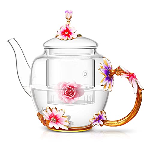 Luka Tech 35OZ Enamel Glass Flower Teapot With Removable Loose Tea Leaf Infuser Tea Maker,Gifts For Women,Mom,Mothers Day,Christmas,Birthday,Valentines Day - Image 1