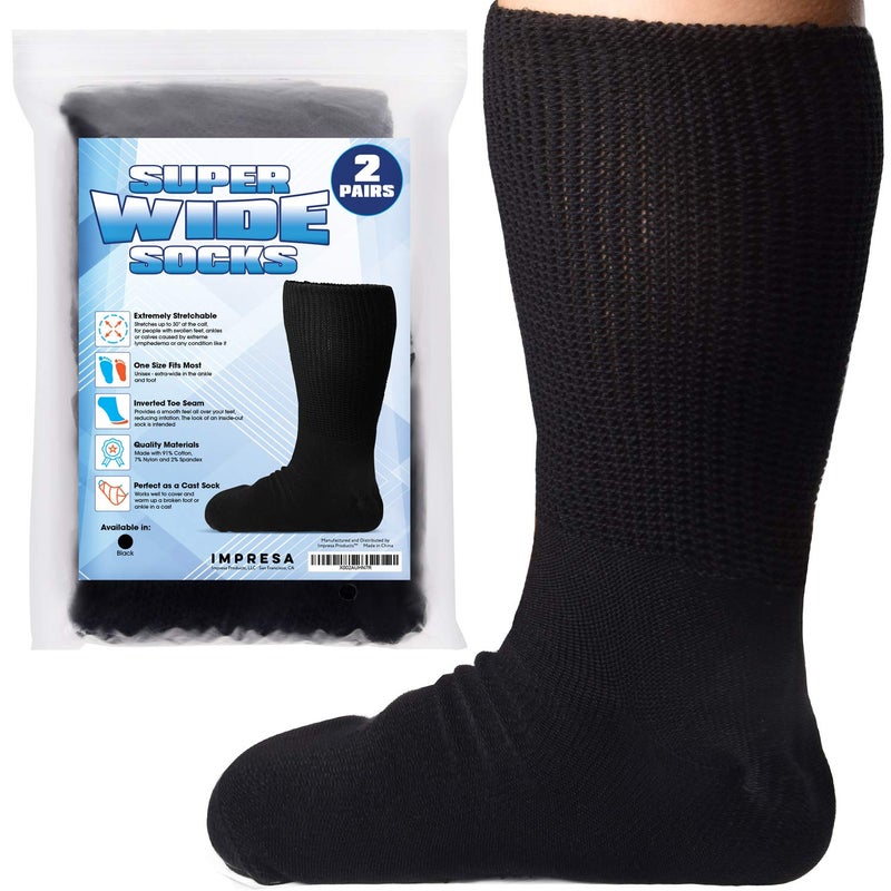 IMPRESA Extra Wide Socks for Men and Women - 2 Pairs, Ideal for Lymphedema, Swollen Feet, Legs, and Calves, Bariatric Hospital or Cast Socks, Stretches up to 30" (Black) - Image 1
