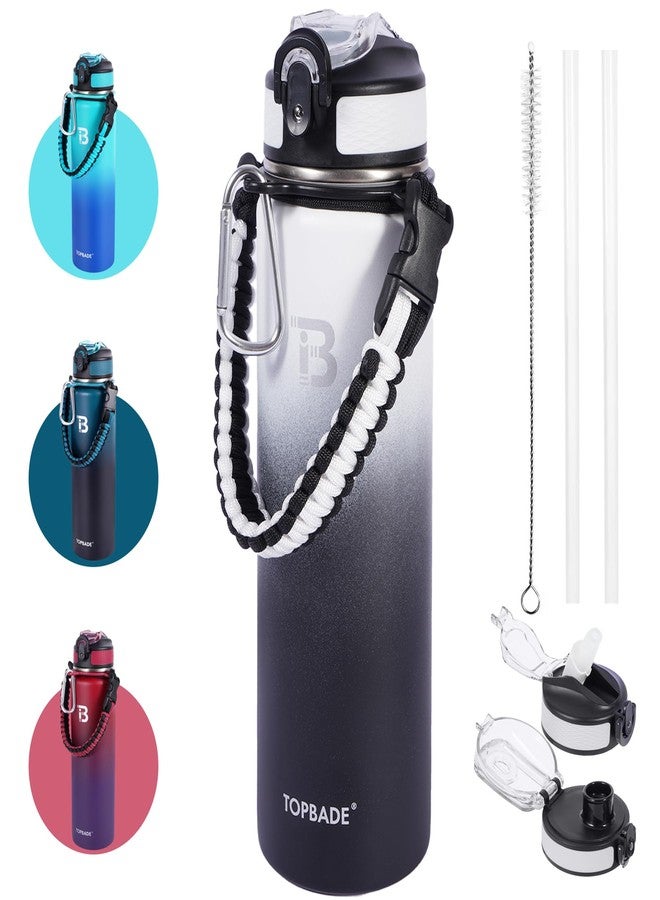 TOPBADE Stainless Steel Water Bottle 1 Litre with Straw Lid and Chug Lid, 1000 ml Leak-Proof Double Wall Water Bottle with Removable Paracord Handle for School, Fitness, Outdoor, Bicycle (Black We - Image 1
