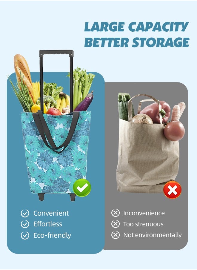 Ammar Space - Large Capacity Trolley Bags Shopping Bag with Wheels Foldable Shopping Cart Reusable Shopping Bags Grocery Bags Shopping Trolley Bag on Wheels Blue - Image 1