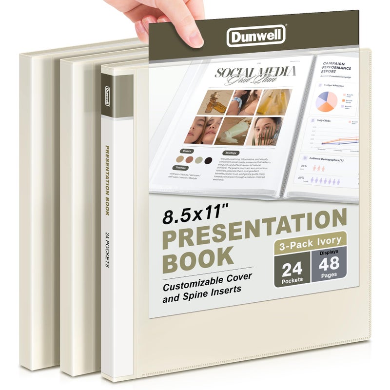Dunwell Presentation Binder 24-Pocket, Displays 48 Pages, 8.5x11 Portfolio Binder with Plastic Sleeves, Storage and Organizer for Documents, Certificates, Projects, Photos (3 Pack, Ivory) - Image 1