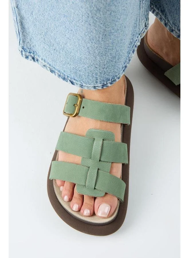 Borde Women's Genuine Leather Strap, Buckle Nubuck Green Sandal.