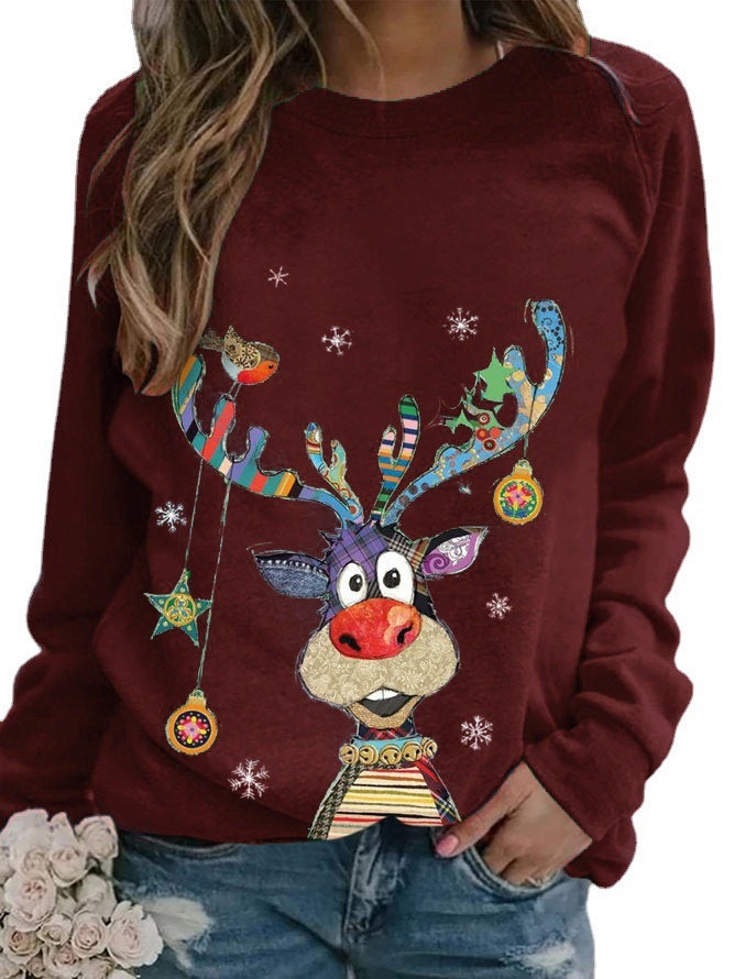 2023Wish Spring & Fall Round Neck Pullover Long-Sleeved Casual Christmas Deer Print Loose T-Shirt - Image 5