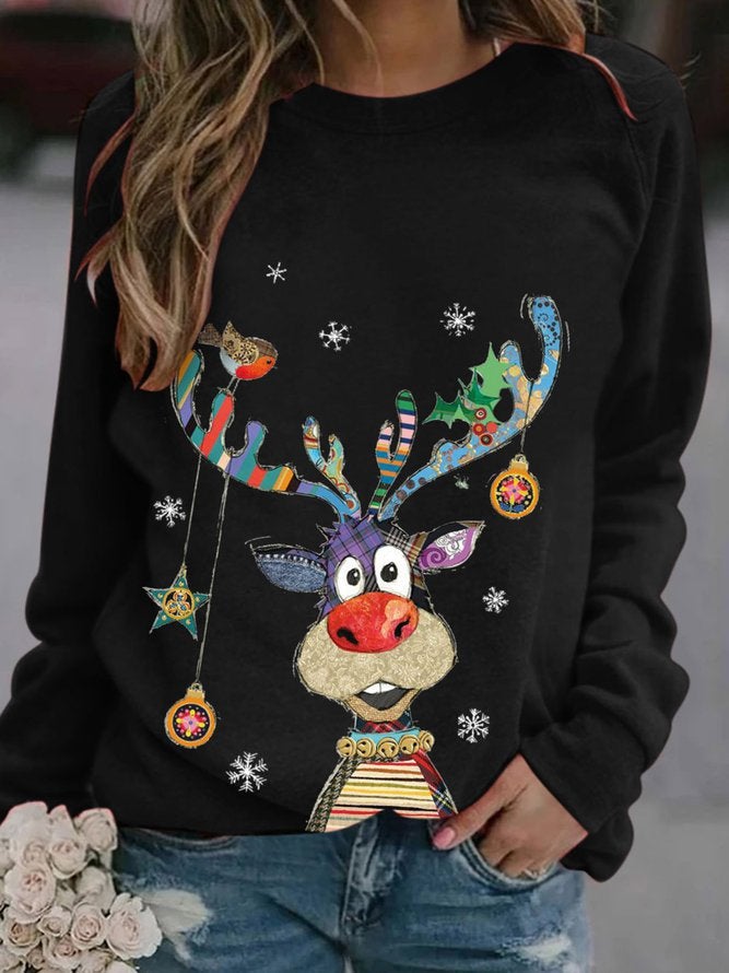 2023Wish Spring & Fall Round Neck Pullover Long-Sleeved Casual Christmas Deer Print Loose T-Shirt - Image 1