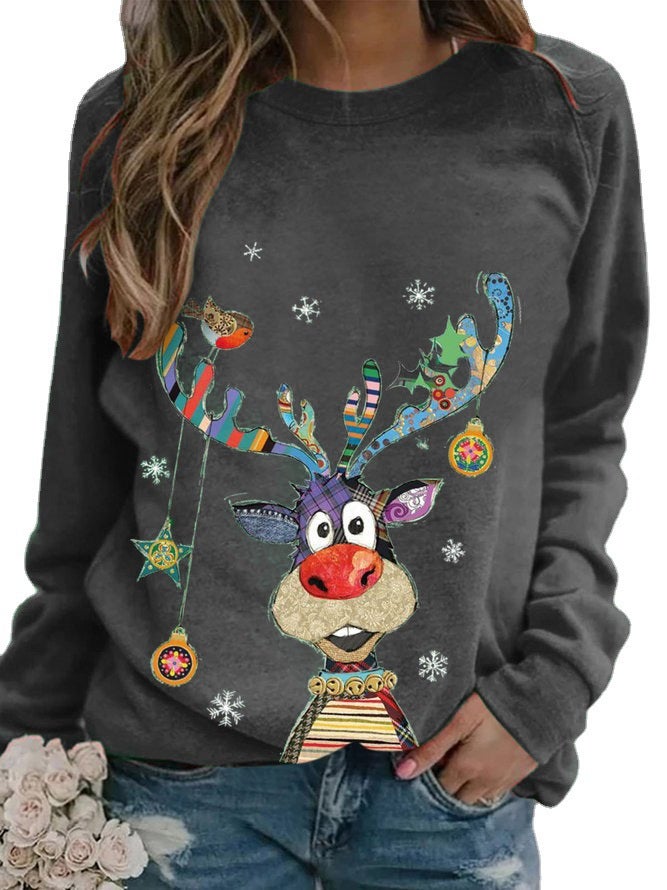 2023Wish Spring & Fall Round Neck Pullover Long-Sleeved Casual Christmas Deer Print Loose T-Shirt - Image 4