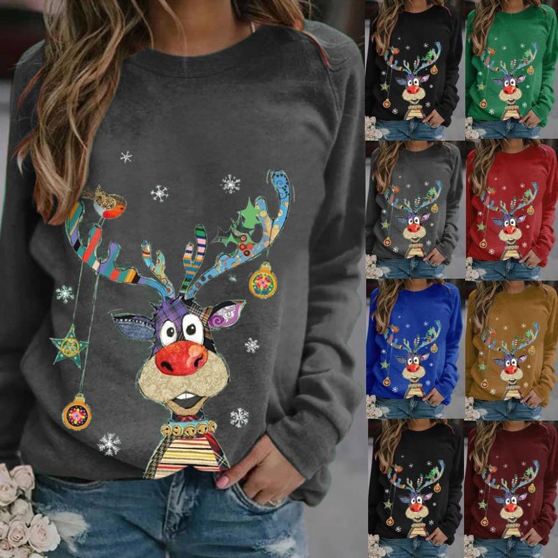 2023Wish Spring & Fall Round Neck Pullover Long-Sleeved Casual Christmas Deer Print Loose T-Shirt - Image 2
