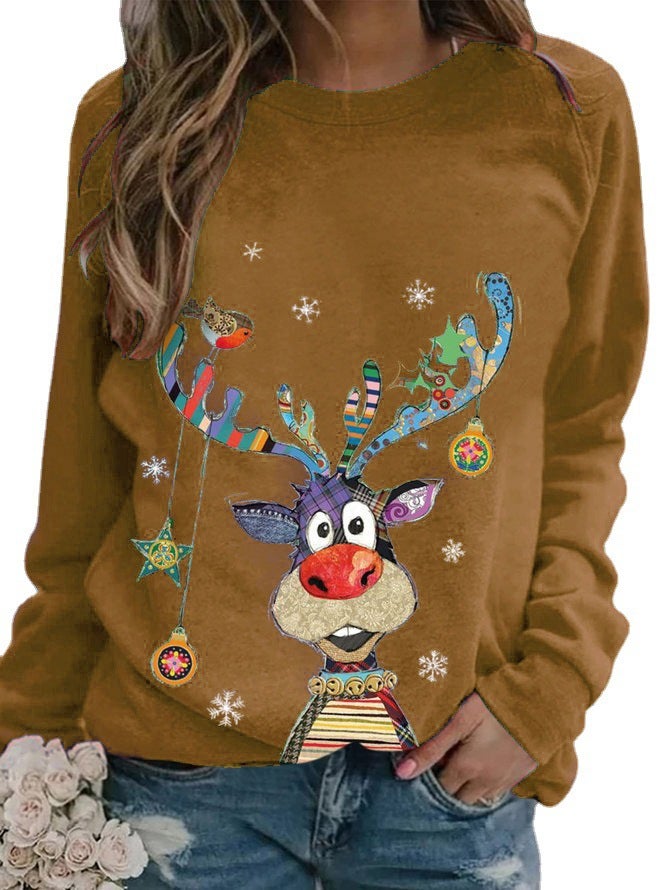 2023Wish Spring & Fall Round Neck Pullover Long-Sleeved Casual Christmas Deer Print Loose T-Shirt - Image 3