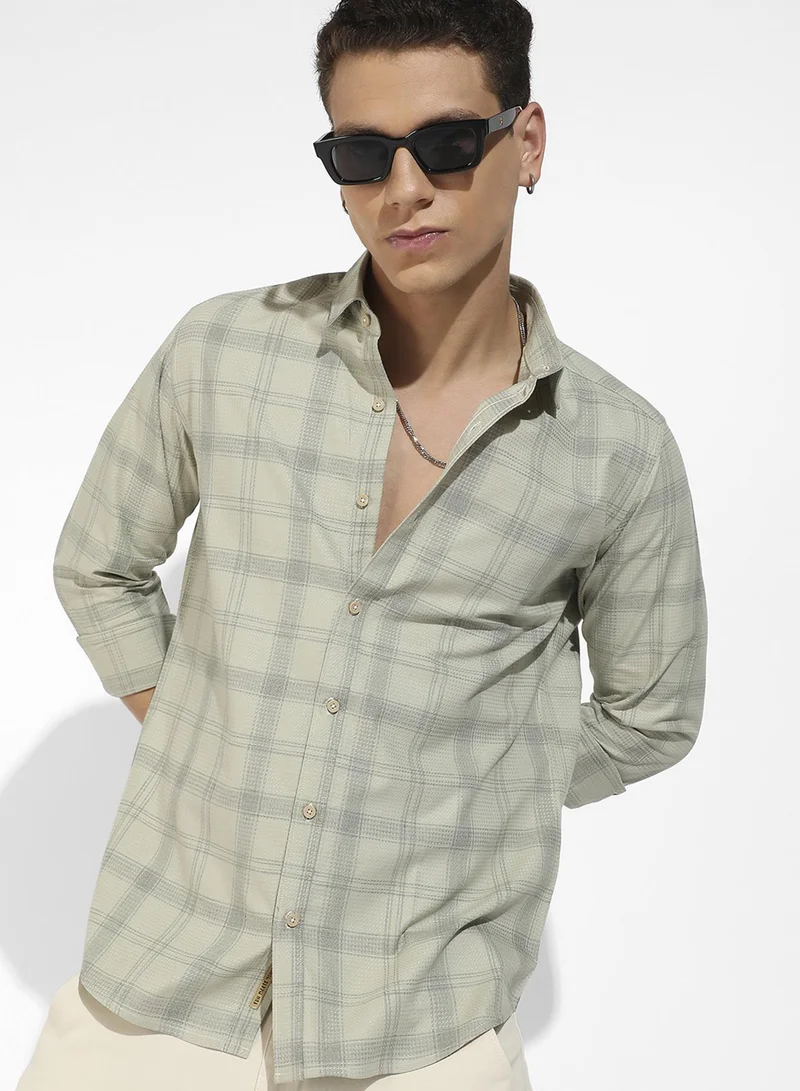 Campus Sutra Campus Sutra Men's Sage Green Tartan Plaid Shirt For Casual Wear | Spread Collar | Long Sleeve | Button Closure | Cotton Viscose Poly Shirts Crafted With Comfort Fit For Everyday Wear