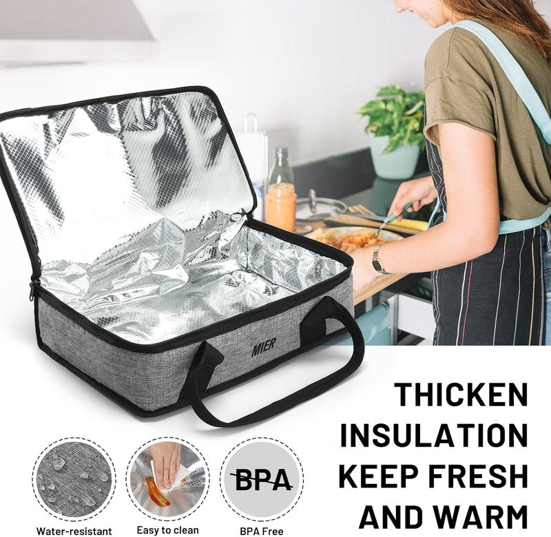مير حقيبة نقل الأطباق المعزولة MIER للأطعمة الساخنة أو الباردة، حقيبة نقل الأطباق الحرارية لأطباق اللازانيا وحفلات المشاركة والنزهات والشواء، تناسب صينية الخبز/صينية الألومنيوم مقاس 9×13 بوصة، باللون الرمادي - Image 2