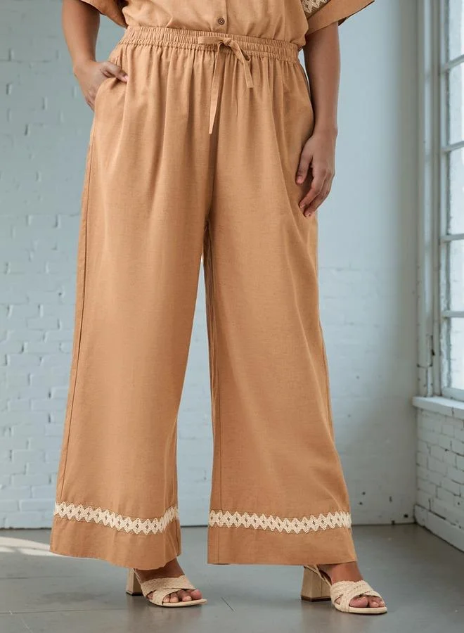 Ulla Popken Plus Size Ulla Popken Lace Detail Wide Leg Pants with Pockets