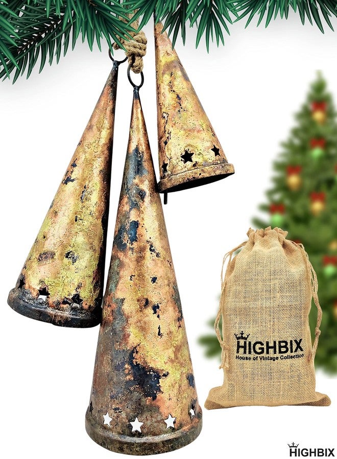 HIGHBIX Set of 3 Giant Harmony Table Top Hanging Bells Huge Vintage Handmade Country Rustic Lucky Christmas Hanging XL Bells (Hanging) - Image 4