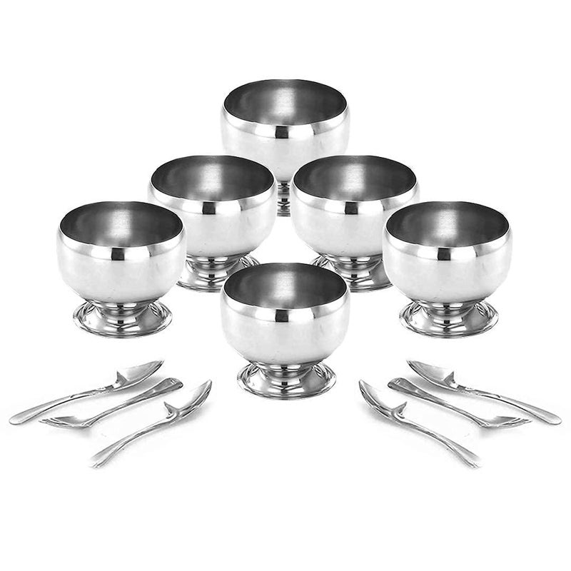 KD ZONE Stainless Steel Round Dessert Ice Cream Cups with Spoon, Serving Bowl for Ice Cream/Fruits/Pudding Gift Article (Round Shape Cup, Set of 6-150 ML) - Image 3