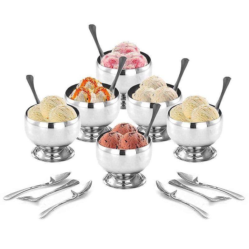 KD ZONE Stainless Steel Round Dessert Ice Cream Cups with Spoon, Serving Bowl for Ice Cream/Fruits/Pudding Gift Article (Round Shape Cup, Set of 6-150 ML) - Image 1