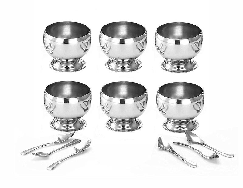 KD ZONE Stainless Steel Round Dessert Ice Cream Cups with Spoon, Serving Bowl for Ice Cream/Fruits/Pudding Gift Article (Round Shape Cup, Set of 6-150 ML) - Image 2