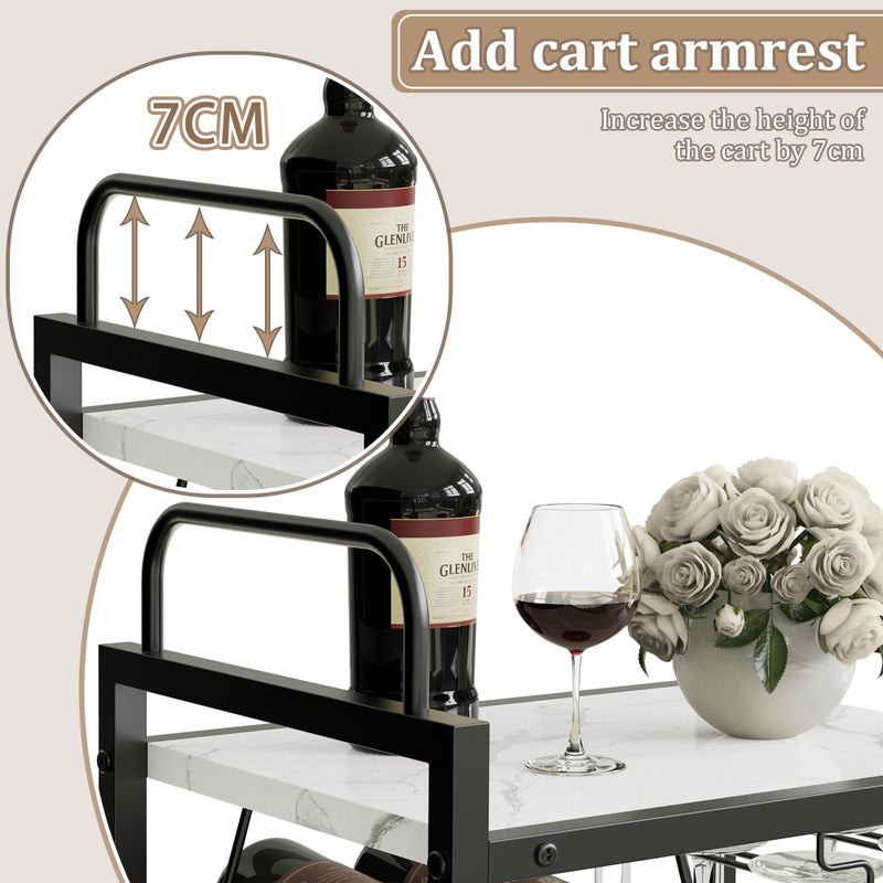 Vantimo Bar Cart for The Home, 3 Tier Kitchen Carts with Wheels, Small Rolling Cart with Glass Holders, Wine Rack, Mini Bar Cart for Kitchen, Dining room, Living Room, 13.0"D x 17.0"W x 33.8"H, Marble White - Image 4