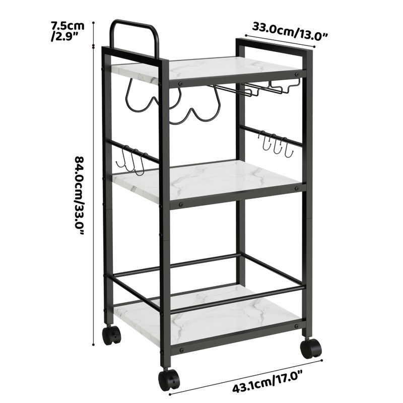 Vantimo Bar Cart for The Home, 3 Tier Kitchen Carts with Wheels, Small Rolling Cart with Glass Holders, Wine Rack, Mini Bar Cart for Kitchen, Dining room, Living Room, 13.0"D x 17.0"W x 33.8"H, Marble White - Image 2