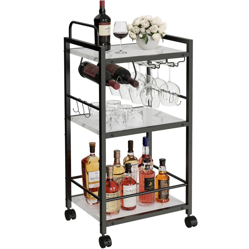 Vantimo Bar Cart for The Home, 3 Tier Kitchen Carts with Wheels, Small Rolling Cart with Glass Holders, Wine Rack, Mini Bar Cart for Kitchen, Dining room, Living Room, 13.0"D x 17.0"W x 33.8"H, Marble White - Image 1