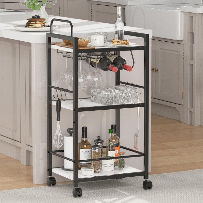 Vantimo Bar Cart for The Home, 3 Tier Kitchen Carts with Wheels, Small Rolling Cart with Glass Holders, Wine Rack, Mini Bar Cart for Kitchen, Dining room, Living Room, 13.0"D x 17.0"W x 33.8"H, Marble White - Image 3