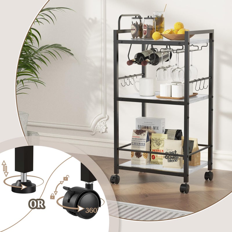 Vantimo Bar Cart for The Home, 3 Tier Kitchen Carts with Wheels, Small Rolling Cart with Glass Holders, Wine Rack, Mini Bar Cart for Kitchen, Dining room, Living Room, 13.0"D x 17.0"W x 33.8"H, Marble White - Image 5