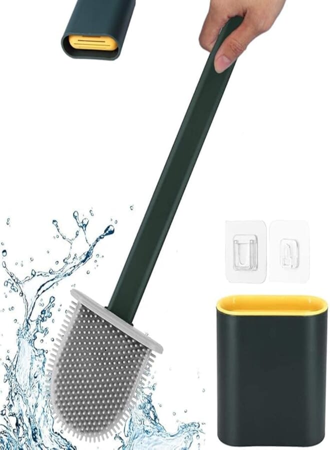 Fezora Silicon Toilet Brush with Wall mounting Sticker Slim Holder Flex Toilet Brush Anti-drip Set Toilet Bowl Cleaner Brush, No-Slip Long Handle Soft Silicone Toilet Brush (Multi Color)-Standard