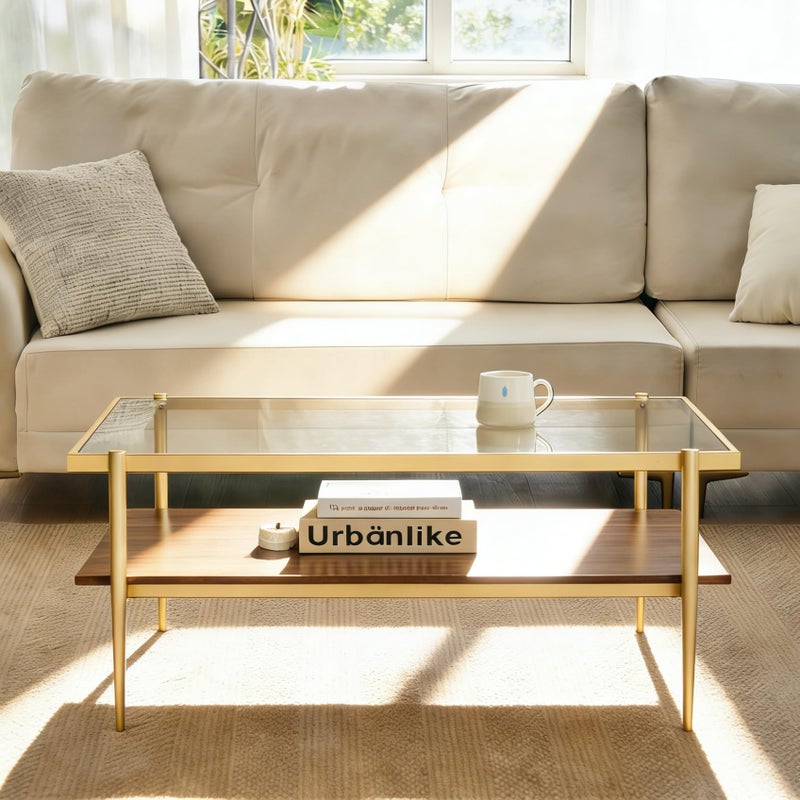 Shrine Rectangle Coffee Table, Mid-Century Modern Design, 2-Tier Structure, Clear Glass Top and Walnut MDF Shelf, 39.4" D x 21.6" W x 17.3" H, Sleek Conical Metal Legs with Gold Finish - Image 1