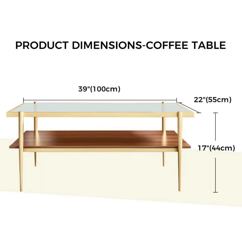 Shrine Rectangle Coffee Table, Mid-Century Modern Design, 2-Tier Structure, Clear Glass Top and Walnut MDF Shelf, 39.4" D x 21.6" W x 17.3" H, Sleek Conical Metal Legs with Gold Finish - Image 2