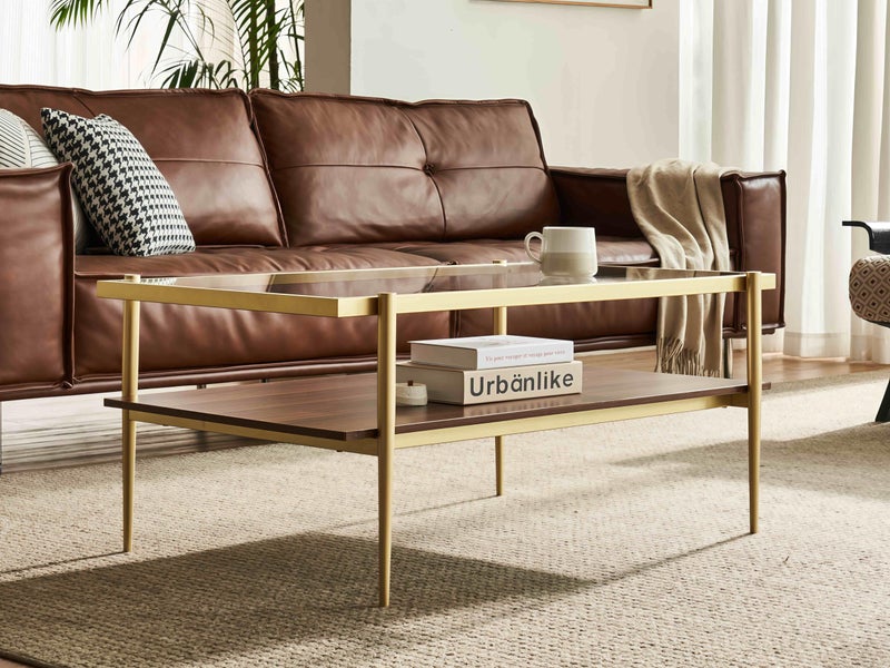 Shrine Rectangle Coffee Table, Mid-Century Modern Design, 2-Tier Structure, Clear Glass Top and Walnut MDF Shelf, 39.4" D x 21.6" W x 17.3" H, Sleek Conical Metal Legs with Gold Finish - Image 4