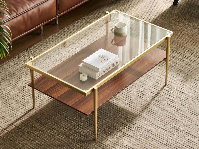 Shrine Rectangle Coffee Table, Mid-Century Modern Design, 2-Tier Structure, Clear Glass Top and Walnut MDF Shelf, 39.4" D x 21.6" W x 17.3" H, Sleek Conical Metal Legs with Gold Finish - Image 3