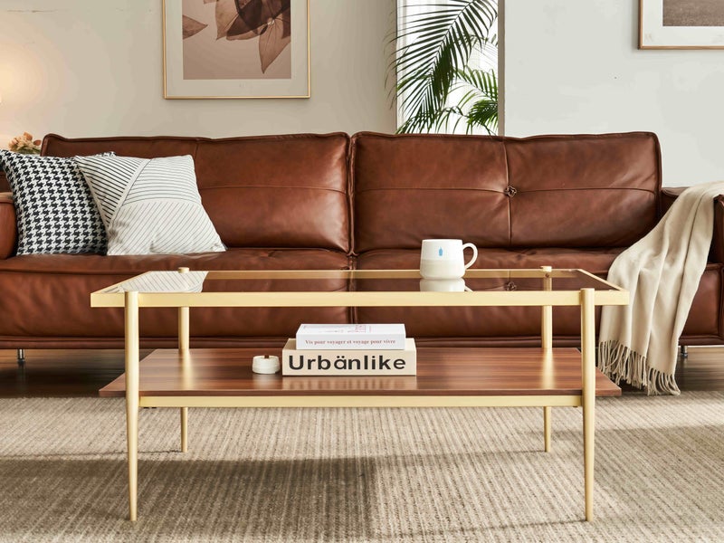 Shrine Rectangle Coffee Table, Mid-Century Modern Design, 2-Tier Structure, Clear Glass Top and Walnut MDF Shelf, 39.4" D x 21.6" W x 17.3" H, Sleek Conical Metal Legs with Gold Finish - Image 5