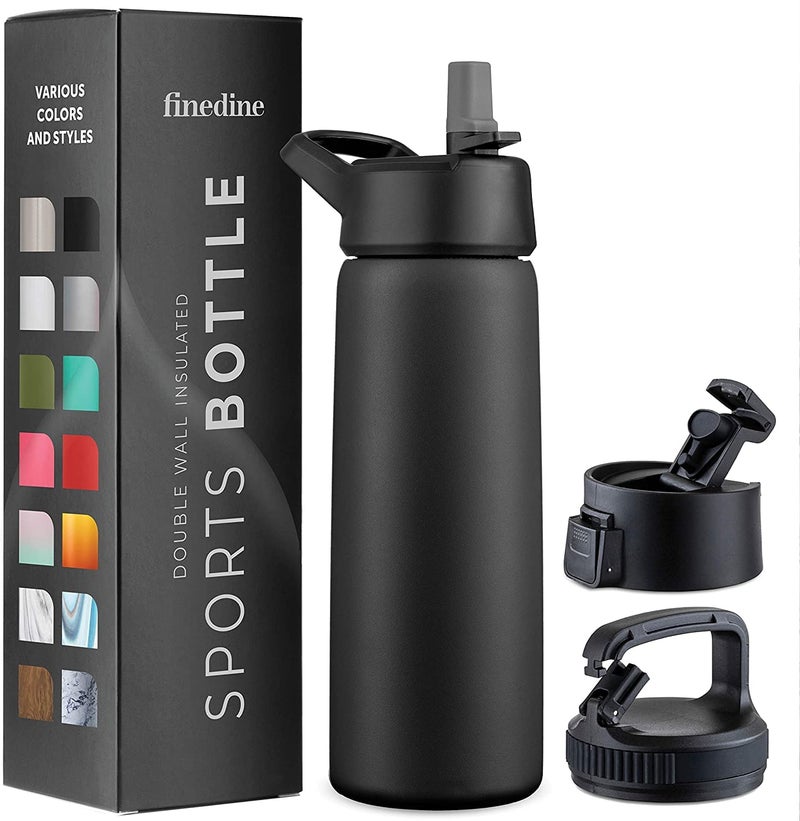 FineDine Triple Walled Insulated Water Bottles with Straw  25 Oz Stainless Steel Metal Bottle W 3 Leak Proof Lids  For Travel School Sports GymMen Women  Kids  Inky Raven Black