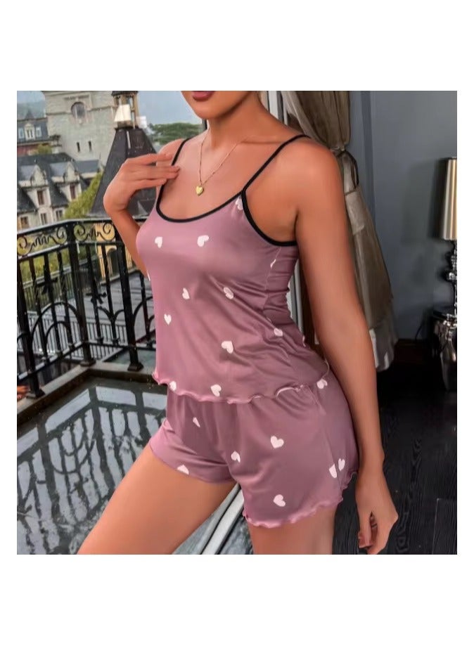2 Pieces Women Pajama Set Heart Print Shorts Pajama Set Loungewear Two Piece Sleepwear For Ladies