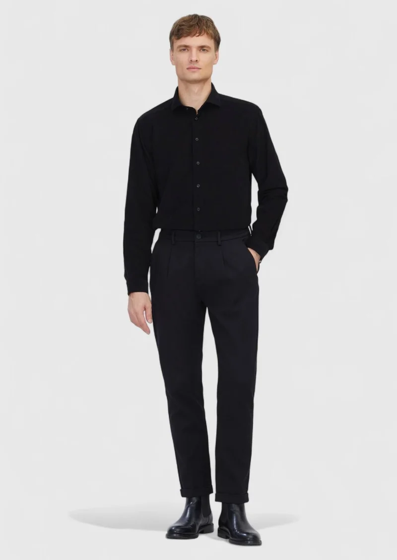 RAMSEY Black Plain Long Weaving Casual 100% Cotton Shirt