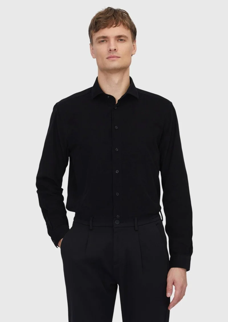 RAMSEY Black Plain Long Weaving Casual 100% Cotton Shirt