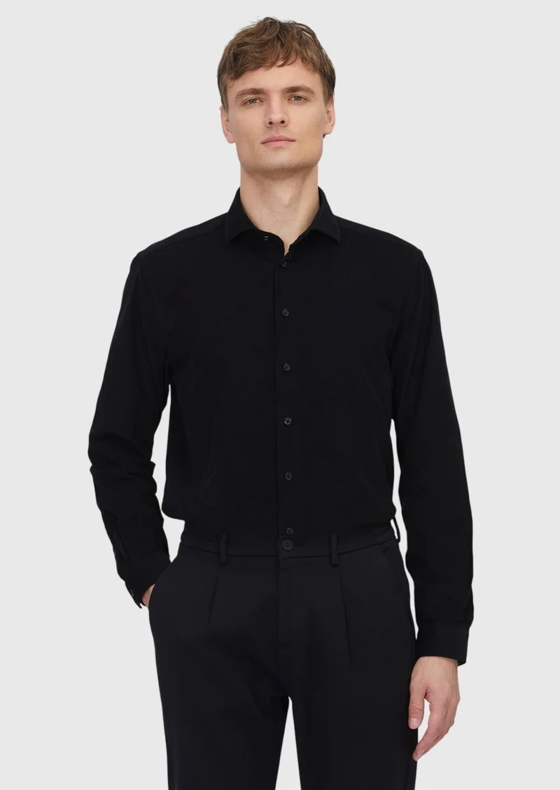 Ramsey Black Plain Long Weaving Casual 100% Cotton Shirt
