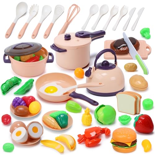 CUTE STONE 51Piece Mini Play Kitchen Accessories for Kids Pretend Cooking Playset with Pots Pans Utensils Cutting Fun Fruits Veggies Learning Gift for Toddlers Girls Boys - Image 1