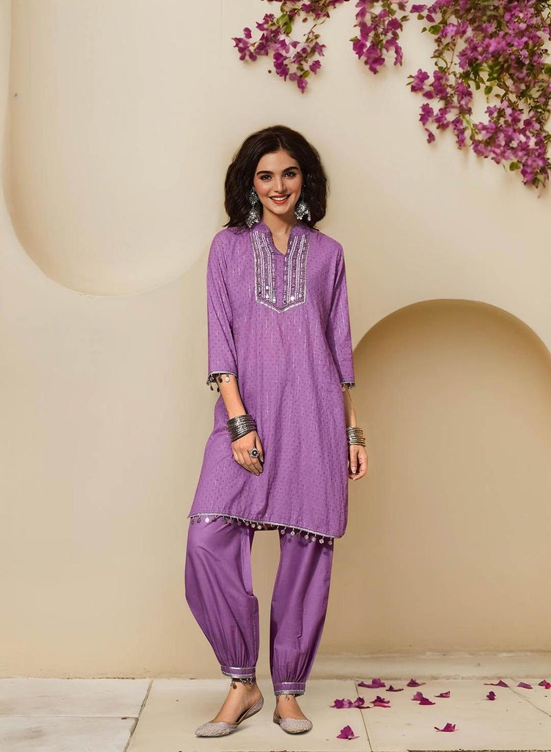 ISHIN Women's Lilac 100% Cotton Embellished Tunic Full Length Palazzo Straight Fit Kurta Set  - Image 2